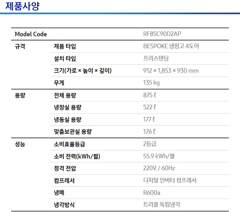 Bespoke 냉장고 875L (글라스 도어, 에너지효율 2등급, 23년형)